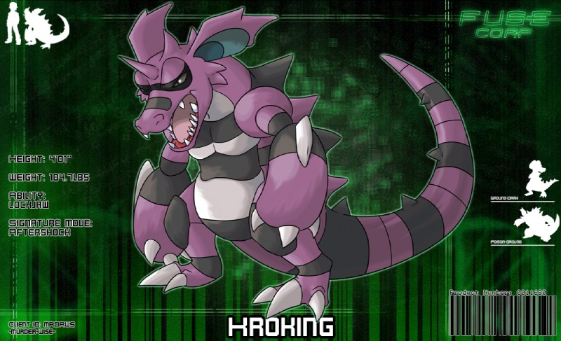 claws feral fusion jaws male pokemon_fusion solo stripes teeth text murder-wise fakemon fuse_corporation_laboratories nintendo pokemon alligator alligatorid crocodilian generation_1_pokemon generation_5_pokemon hybrid kroking krokorok nidoking pokemon_(species) reptile scalie english_text