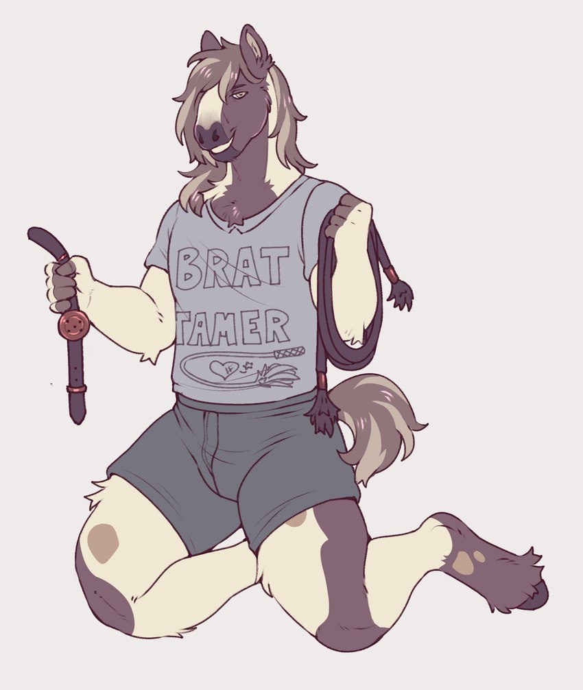 anthro bottomwear brat_taming clothing fur holding_ball_gag holding_object holding_rope hooves male mane mottled mottled_body mottled_fur piebald piebald_body piebald_fur rope shirt shorts smile smirk solo tail text text_on_clothing text_on_shirt text_on_topwear topwear kinksiyo murphythehonse clydesdale draft_horse equid equine horse mammal hi_res