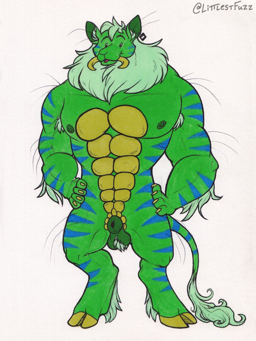 animal_genitalia anthro areola armpit_hair ball_tuft balls beady_eyes biped blue_stripes body_hair casual_nudity claws cloven_hooves darkened_balls darkened_genitalia ear_piercing ear_tag feathering finger_claws fully_sheathed fur genitals green_body green_fur green_nipples hair hands_on_hips hooves inner_ear_fluff male muscular muscular_anthro muscular_male nipples nude open_mouth piercing ruff scales sheath simple_background smile solo stripes tail tail_tuft tuft tusks unguligrade ventral_scales whiskers white_background littlestfuzz byrne_(littlestfuzz) fuzzmonster absurd_res hi_res marker_(artwork) traditional_media_(artwork)