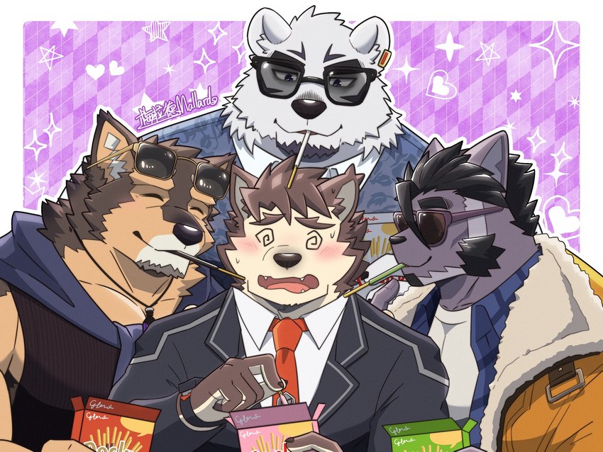 anthro blush clothing eyebrows eyewear food fur grey_body grey_fur group male male/male necktie pocky_game pocky_in_mouth suit sunglasses thick_eyebrows white_body white_fur mallards1305 lifewonders live_a_hero pocky borealis_(live_a_hero) dog_operator protagonist_(live_a_hero) pubraseer tsuneaki bear canid canine canis domestic_cat domestic_dog felid feline felis mammal polar_bear ursine 4:3 hi_res