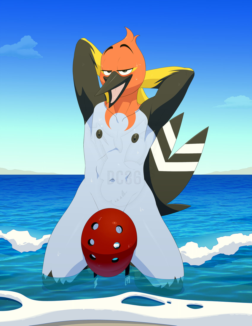 anthro anthrofied armor balls barely_visible_balls barely_visible_genitalia beach creative_censorship feathers genitals hands_behind_head headgear helmet male nipples nude pokemorph raised_arms seaside solo tail tail_feathers water nixxxbot nintendo pokemon avian fletchinder generation_6_pokemon pokemon_(species) censored hi_res