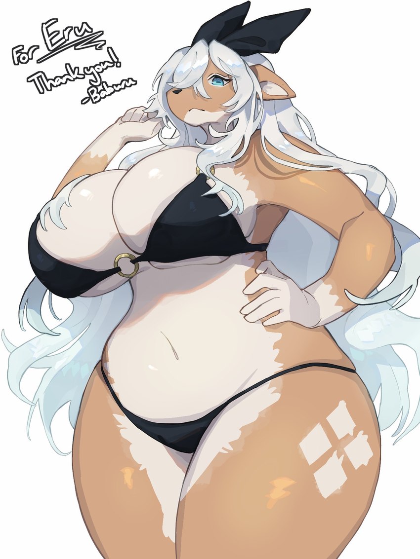 anthro big_breasts bikini biped black_bikini black_clothing black_swimwear blue_eyes breasts cleavage clothed clothing countershade_face countershade_legs countershade_torso countershading diamond_(marking) female female_anthro fur hair hand_on_hip hip_markings huge_breasts kemono leg_markings long_hair looking_at_viewer looking_down low-angle_view markings midriff simple_background skimpy solo swimwear tan_body tan_fur text thick_thighs thigh_markings two-piece_swimsuit white_background white_hair baburusushi aurora_(osaki_eru) deer mammal 3:4 artist_name english_text hi_res