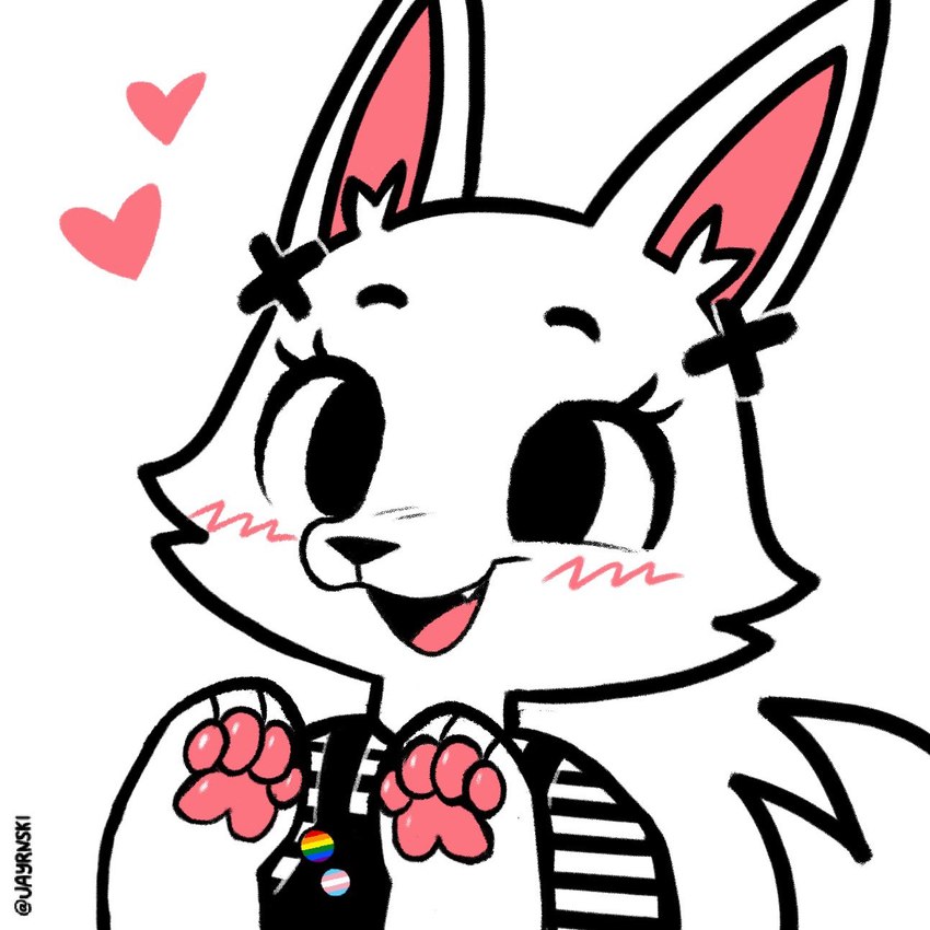 4_fingers anthro blush clothed clothing cute_fangs eyelashes fangs female female_anthro fingers fur happy heart_symbol lgbt_pride open_mouth pawpads paws pride_colors rainbow_pride_colors simple_background solo tail teeth tongue transgender_pride_colors white_background white_body white_fur jayrnski skye_(jayrnski) arctic_fox canid canine fox mammal true_fox 1:1 2023 digital_media_(artwork) hi_res icon portrait trans_(lore) trans_woman_(lore)