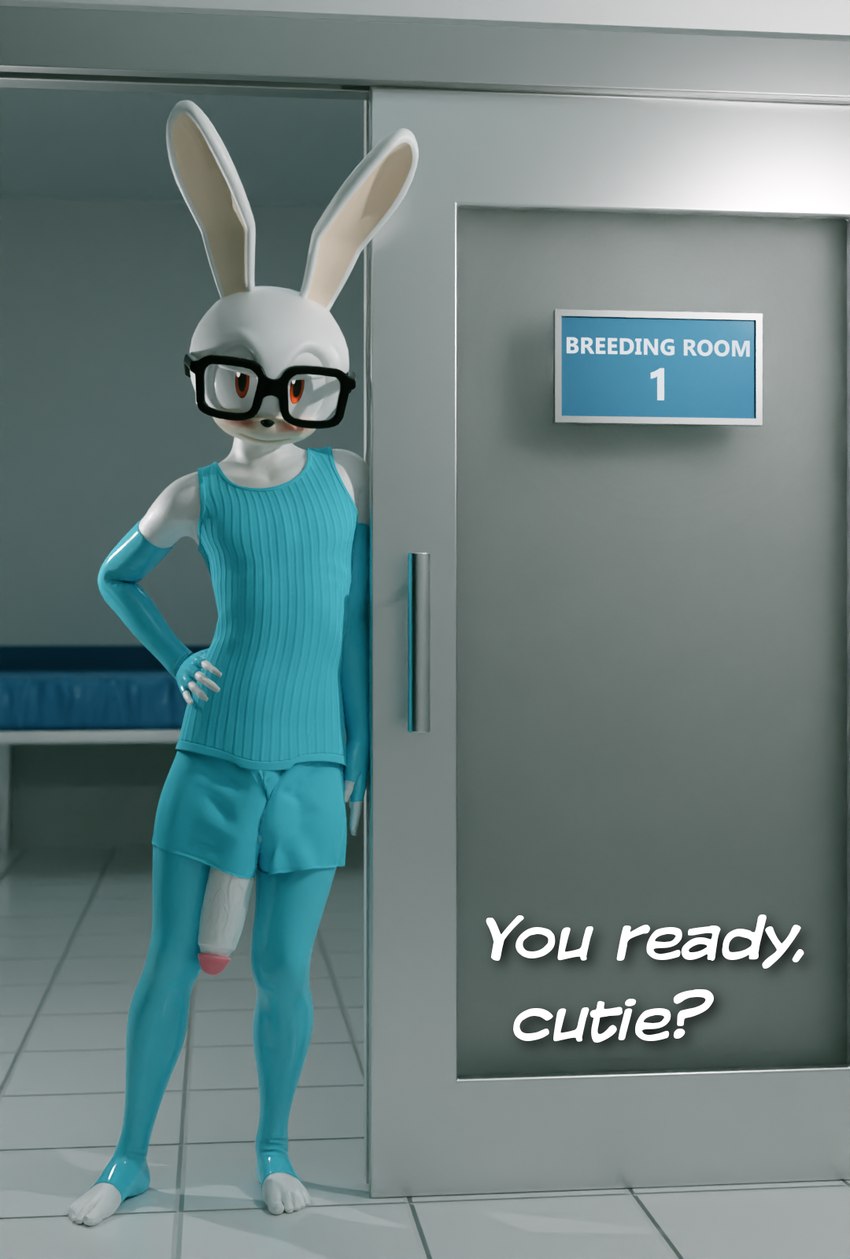 anthro big_penis bottomwear breeder bulge clothing dialogue eyewear genitals glasses gloves handwear huge_penis latex legwear looking_at_viewer male penis shorts solo stockings text onlyathrowaway bel_(onlyathrowaway) lagomorph leporid mammal rabbit 3d_(artwork) blender_(artwork) digital_media_(artwork) hi_res