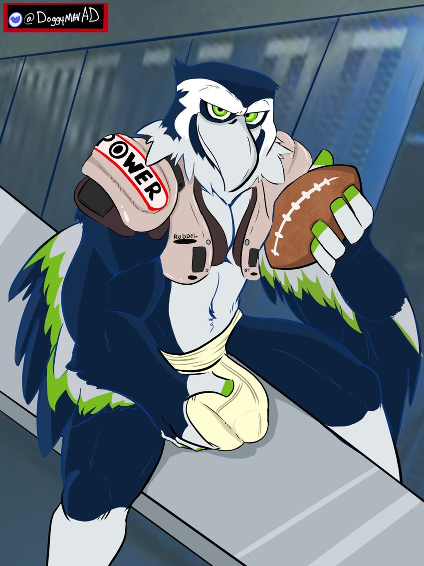 anthro athletic athletic_anthro athletic_male ball beak bench biceps blue_body blue_feathers bulge clothing detailed_bulge feathers genital_outline green_eyes grey_body grey_feathers gridiron_ball grin holding_bulge jockstrap locker_room male mascot penis_outline protective_gear smile solo underwear maverickk_(artist) nfl seattle_seahawks blitz_the_seahawk accipitrid accipitriform avian bird 3:4 hi_res