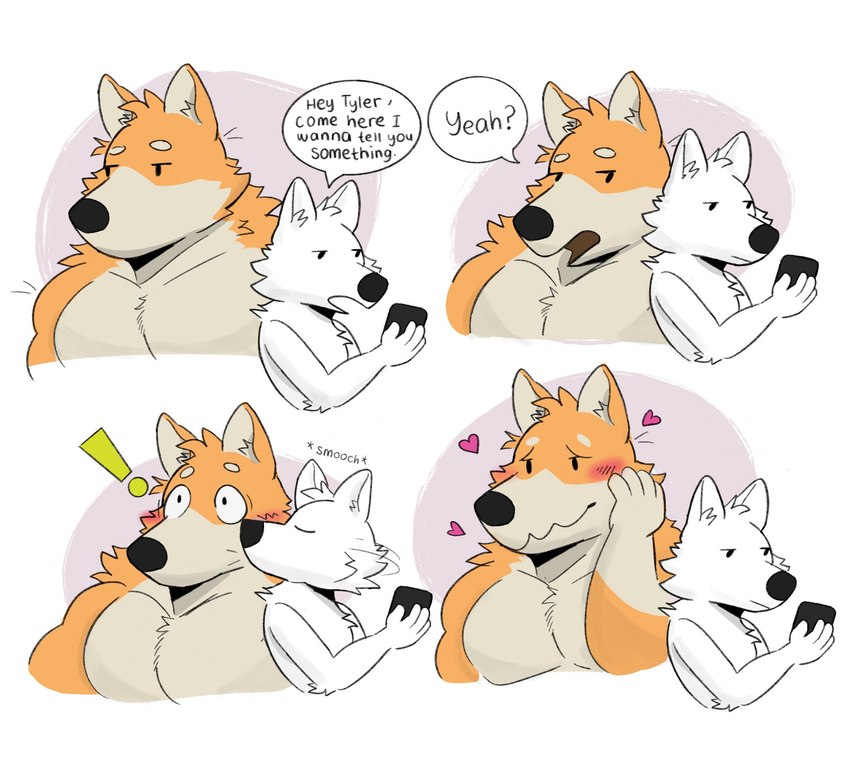 anthro biped blush blush_lines duo kissing_cheek looking_at_another looking_at_partner male muscular muscular_anthro muscular_male romantic romantic_couple slim_anthro slim_male ruffusbleu canid canine canis mammal wolf 2024 comic hi_res