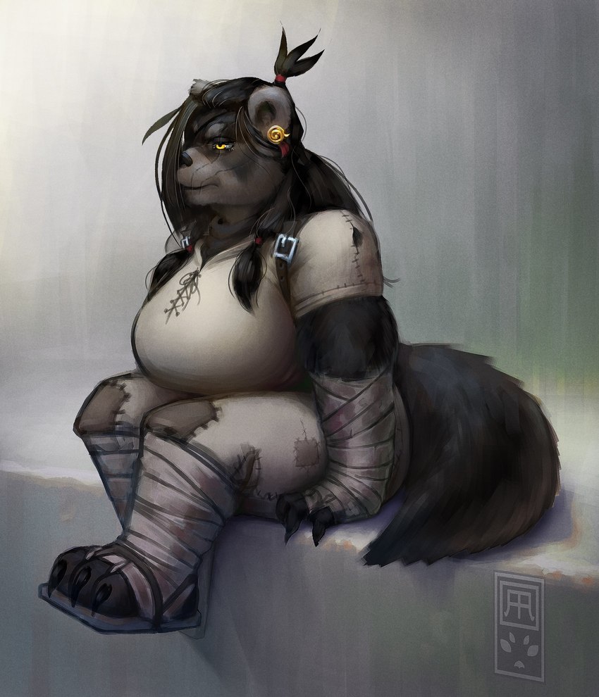 anthro big_breasts black_body black_fur black_hair breasts ear_piercing female fur hair huge_breasts piercing simple_background sitting solo yellow_eyes shadoca blizzard_entertainment warcraft bear mammal pandaren hi_res