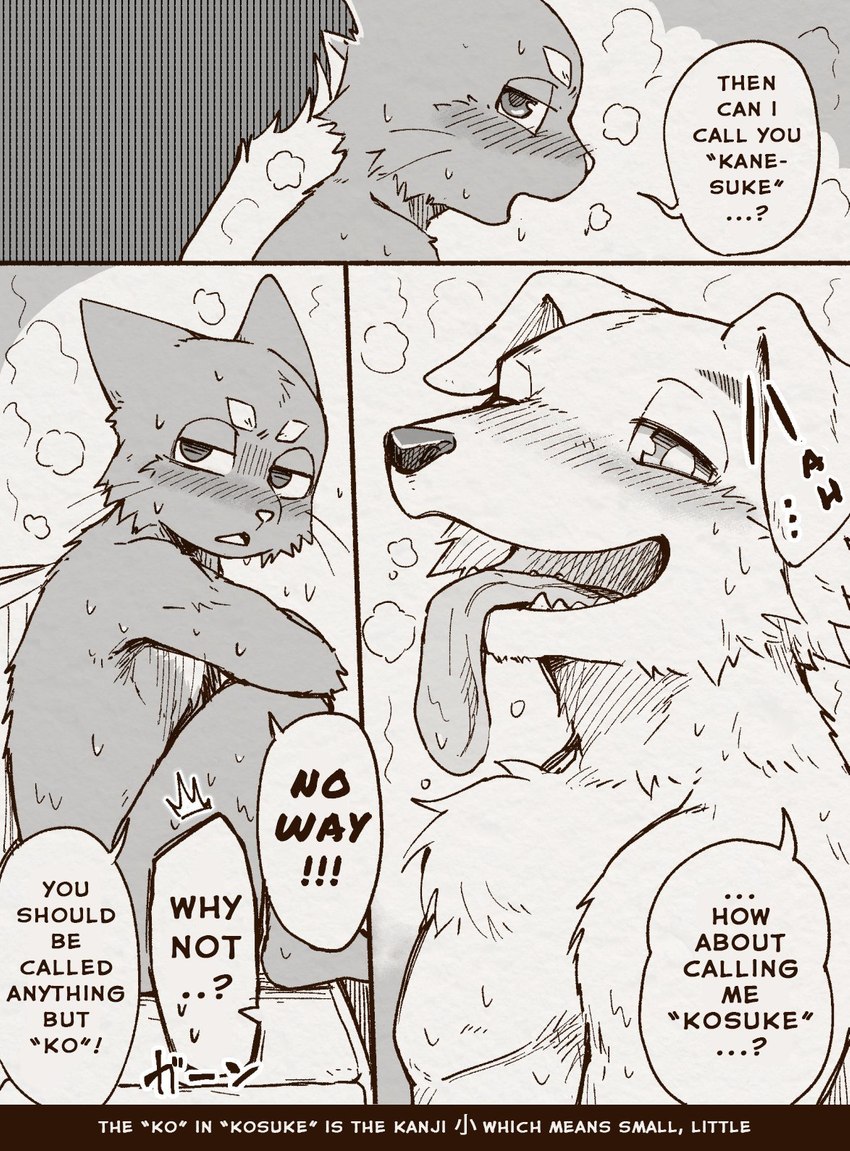 anthro blush duo half-closed_eyes humor kemono looking_at_another looking_at_viewer male muscular muscular_anthro muscular_male narrowed_eyes nude open_mouth sauna text tongue tongue_out dark_ishihara aoniya_yuudai kaneinu_kosuke canid canine canis domestic_cat domestic_dog felid feline felis mammal comic english_text hi_res translated