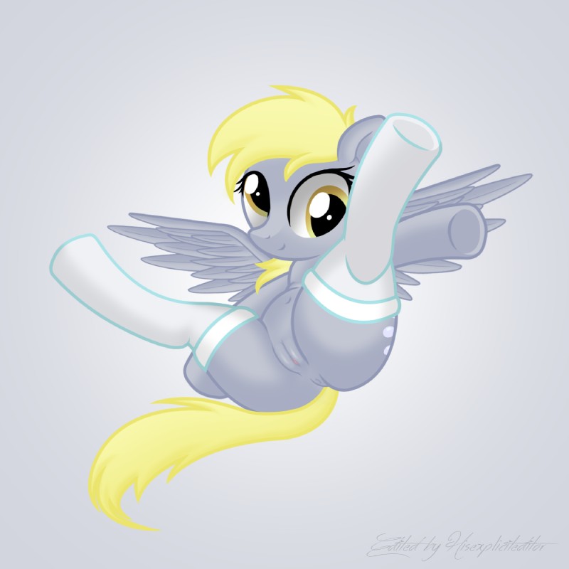 anus belly blonde_hair clothing cutie_mark feathered_wings feathers female feral flying footwear grey_background grey_body grey_feathers hair legwear lying nude pose simple_background socks solo spread_legs spreading stockings white_background wings yellow_eyes hisexpliciteditor pyruvate third-party_edit friendship_is_magic hasbro my_little_pony mythology derpy_hooves_(mlp) equid equine mammal mythological_creature mythological_equine pegasus 1:1 2015 hi_res