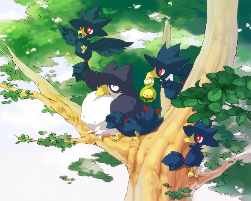 3_toes ambiguous_gender beak claws feathered_wings feathers feet group plant red_eyes soles talons toe_claws toes tree wings wood kaku_mui nintendo pokemon avian bird budew elemental_creature flora_fauna generation_2_pokemon generation_4_pokemon honchkrow murkrow pokemon_(species)