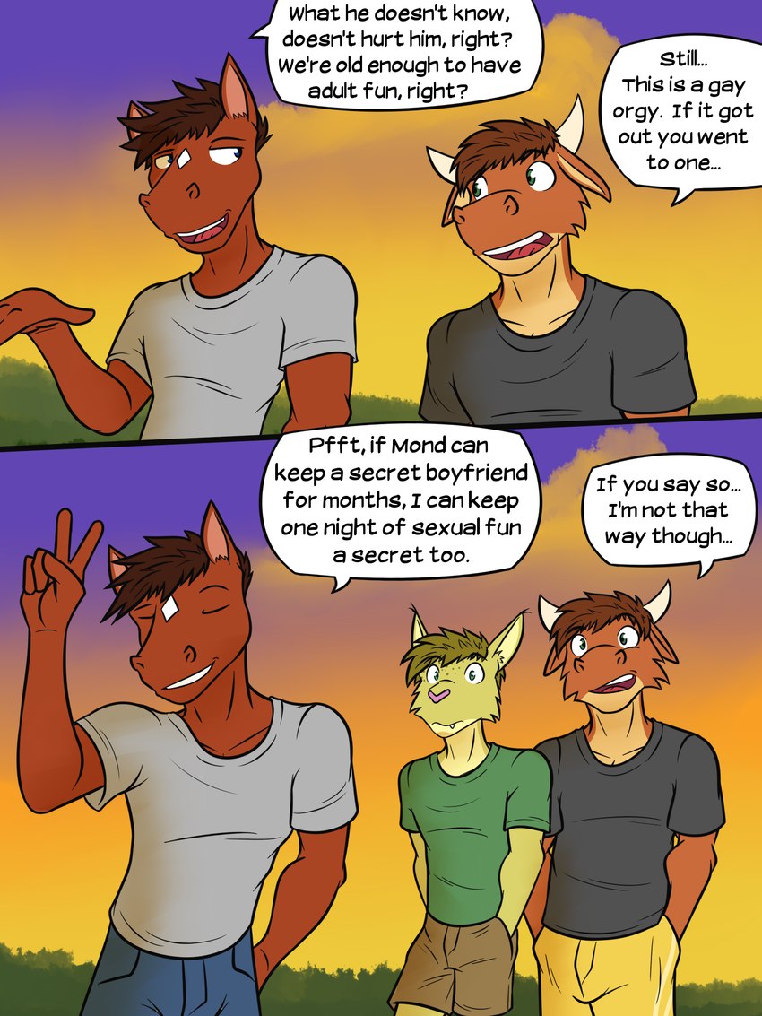 anthro bottomwear clothed clothing dialogue fully_clothed group male outside shirt shorts sunset t-shirt text topwear trio fuze texnatsu adam_caro blake_jackson ty_conrad bovid bovine cattle equid equine felid feline horse lynx mammal 3:4 comic english_text hi_res