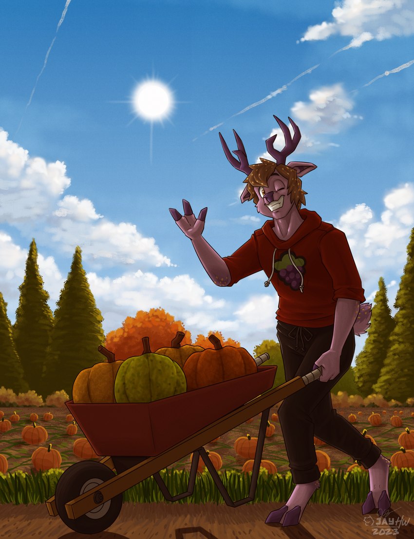 2_toes 3_fingers anthro antlers autumn barefoot black_eyebrows blue_sky bottomwear brown_bottomwear brown_clothing brown_hair brown_pants cheek_tuft clenched_teeth clothing cloven_hooves contrail countershade_tail countershading detailed_background digitigrade evergreen_tree eyebrows facial_tuft feet fingers food fruit fur gesture grass hair holding_wheelbarrow hoodie hooves horn logo looking_at_viewer male one_eye_closed orange_eyes outside pants pine_tree pink_body pink_fur plant pumpkin pumpkin_patch purple_antlers purple_hooves purple_nose red_clothing red_hoodie red_topwear shadow short_tail sky smile solo speckled_body speckled_hair standing sun tail teeth toes topwear tree tuft walking waving waving_at_viewer wheelbarrow white_clouds sammfeatblueheart deer mammal 2023 artist_logo color_contrast hi_res shaded signature