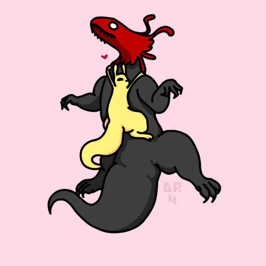 ambiguous_gender black_body black_eyes cuddling duo feral heart_symbol lying simple_background size_difference tail thick_tail white_eyes yellow_body bruhmoment412 rain_world videocult lizard lizard_(rain_world) red_lizard_(rain_world) reptile scalie slugcat 1:1 absurd_res hi_res