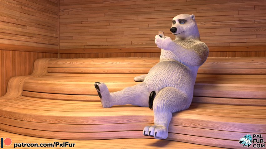 anthro blue_eyes cellphone electronics feet flaccid genitals hindpaw male paws penis phone solo conditional_dnp pxlfur bear mammal polar_bear ursine 16:9 3d_(artwork) digital_media_(artwork) hi_res widescreen