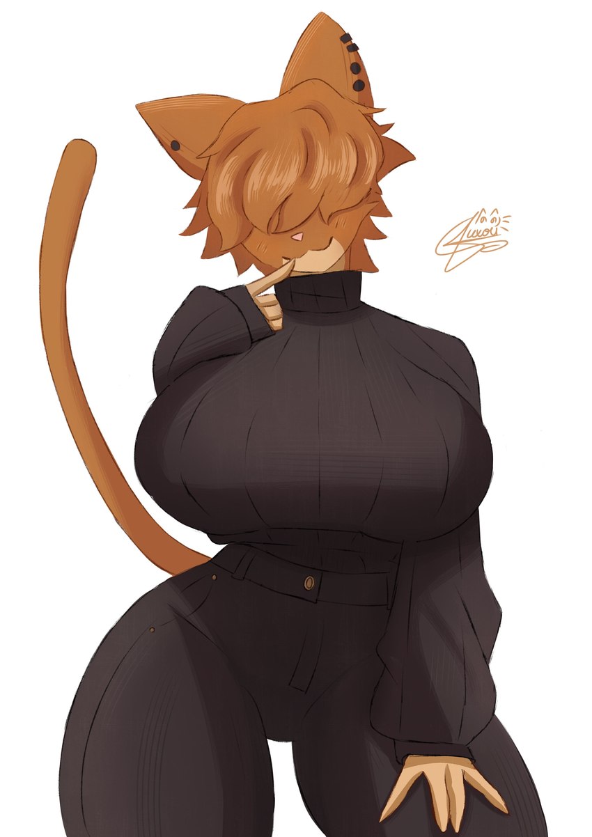 :3 anthro big_breasts black_bottomwear black_clothing black_pants black_sweater black_topwear blush blush_lines bottomwear breasts closed_smile clothed clothing countershade_face countershade_fur countershade_hands countershading ear_piercing female fingers front_view fully_clothed fur hair hair_over_eyes happy head_tilt huge_breasts mouth_closed multicolored_body multicolored_fur orange_body orange_fur orange_hair pants piercing pink_nose raised_tail simple_background smile solo standing sweater tail tan_body tan_countershading tan_fur thick_thighs topwear two_tone_body two_tone_fur white_background wide_hips juxou paprika_(justbirb) domestic_cat felid feline felis mammal 2024 absurd_res digital_media_(artwork) hi_res portrait shaded signature soft_shading three-quarter_portrait