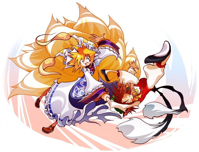 2_tails 9_tails alternative_fashion asian_clothing brown_hair clothing duo east_asian_clothing female fox_tail hair j-fashion japanese_clothing lolita_(fashion) multi_tail orange_hair tail wa_lolita ichikai touhou chen_(touhou) ran_yakumo animal_humanoid canid canid_humanoid canine canine_humanoid cat_humanoid felid felid_humanoid feline feline_humanoid fox fox_humanoid humanoid mammal mammal_humanoid digital_media_(artwork) hi_res