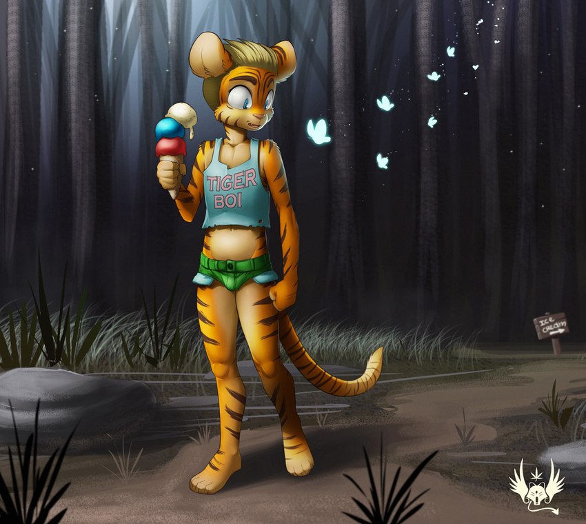 anthro bottomwear bulge clothing crop_top daisy_dukes denim denim_bottomwear denim_clothing denim_shorts dessert food forest hotpants ice_cream male plant shirt shorts solo topwear tree young young_anthro young_male eldiman dyson_(eldiman) felid mammal pantherine tiger