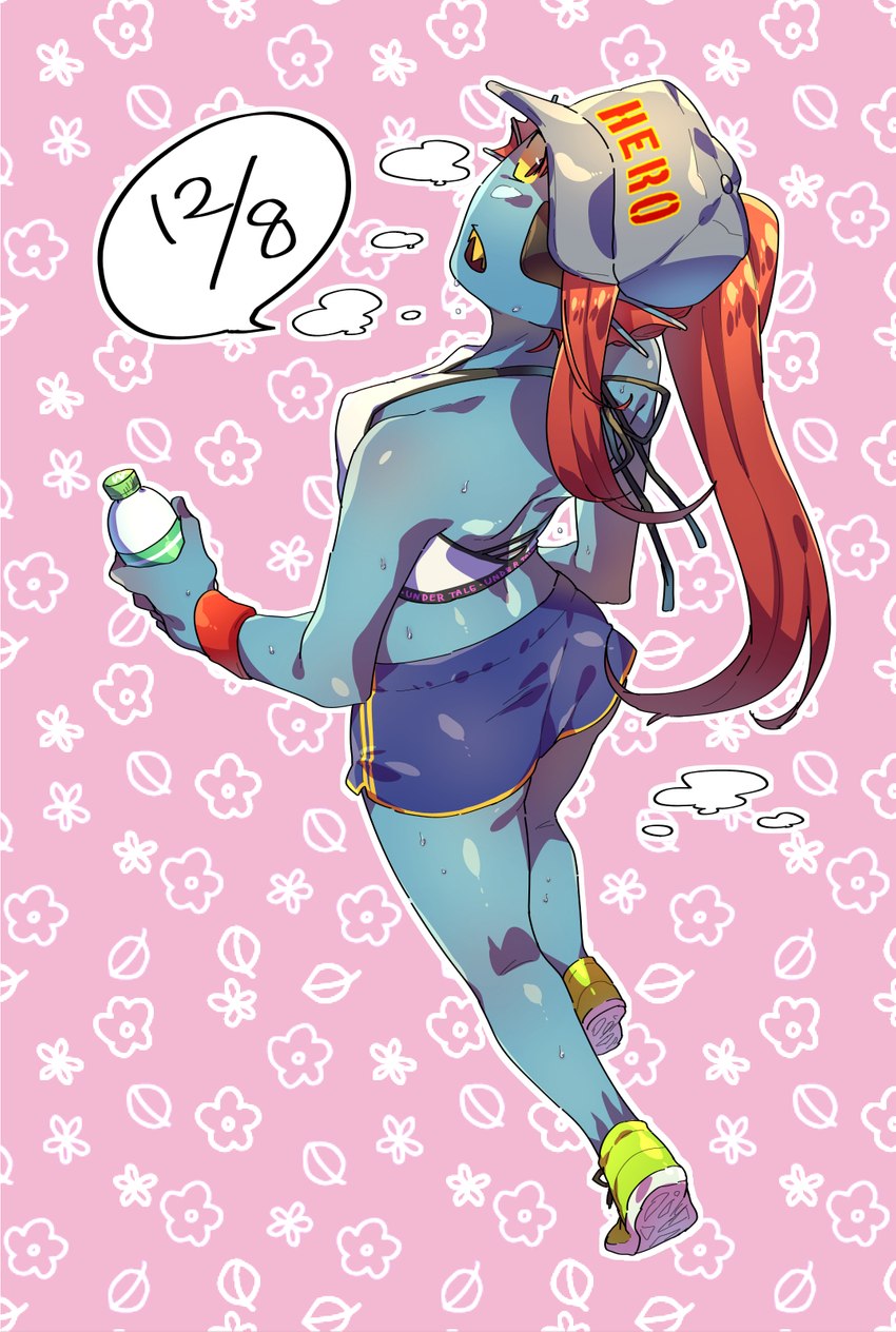 armband bottomwear clothing eye_patch eyewear female floral_background footwear hair hat headgear headwear looking_at_viewer looking_back red_hair shoes shorts solo walking yellow_sclera pugthe2ro undertale undertale_(series) undyne animal_humanoid fish fish_humanoid humanoid marine marine_humanoid hi_res