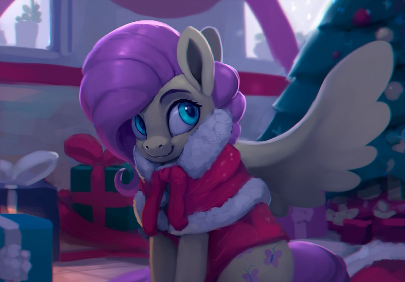 christmas_tree clothing cutie_mark female feral gift hair holidays inside plant smile solo tree wings rodrigues404 christmas friendship_is_magic hasbro my_little_pony mythology fluttershy_(mlp) equid equine mammal mythological_creature mythological_equine pegasus 2017