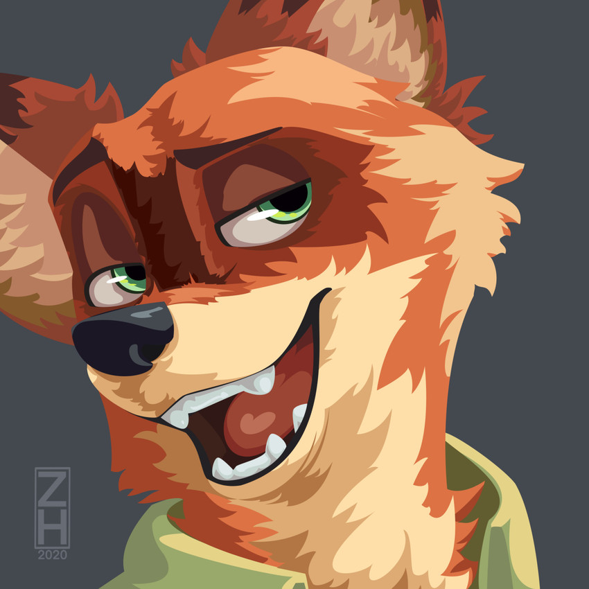 anthro dipstick_ears ear_markings fangs fluffy fur green_eyes grey_background multicolored_ears open_mouth open_smile orange_body orange_fur simple_background smile solo teeth tongue zhearun disney zootopia nick_wilde canid canine fox mammal red_fox true_fox 1:1 2020 hi_res