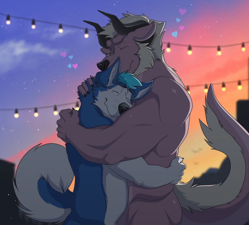 anthro blue_body blue_fur blue_hair blush duo fur hair heart_symbol horn hug male male/male outside string_lights sunset white_hair unpopularwolf final_fantasy square_enix maverick_(unpopularwolf) tye_husky behemoth_(final_fantasy) canid canine canis domestic_dog husky mammal nordic_sled_dog spitz absurd_res hi_res