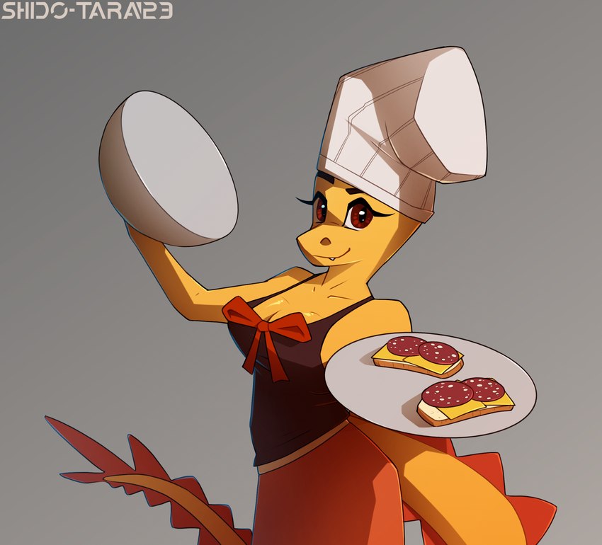 anthro chef_hat clothed clothing female food hat headgear headwear looking_at_viewer sandwich_(food) simple_background solo standing tail yellow_body conditional_dnp shido-tara cavemanon_studios cooking_with_tracy snoot_game tracy_(cwt) reptile scalie hi_res sketch