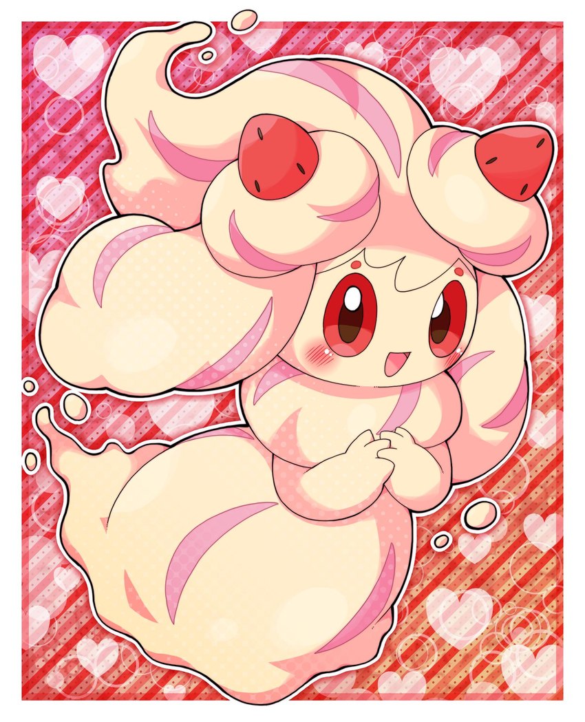 anthro blush female food fruit heart_symbol holding_own_hand looking_at_viewer plant smile solo strawberry evil_anaunara nintendo pokemon alcremie generation_8_pokemon pokemon_(species) strawberry_sweet_alcremie vanilla_cream_alcremie hi_res