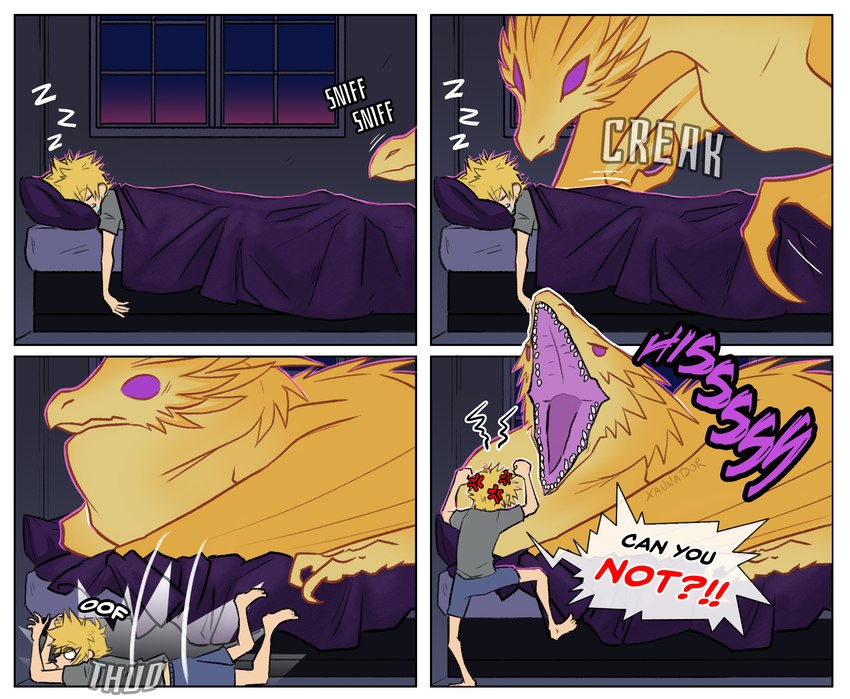 angry bed blonde_hair clothed clothing dialogue dialogue_box duo female feral furniture hair hissing inside larger_female larger_feral male membrane_(anatomy) membranous_wings open_mouth purple_eyes quadruped size_difference smaller_human smaller_male speech_bubble wings yellow_body xannador european_mythology mythology banana_(xannador) kyle_(xannador) dragon human mammal mythological_creature mythological_scalie scalie western_dragon wyvern 2024 colored comic digital_media_(artwork) hi_res adopted_(lore) adopted_son_(lore) adoptive_mother_(lore)