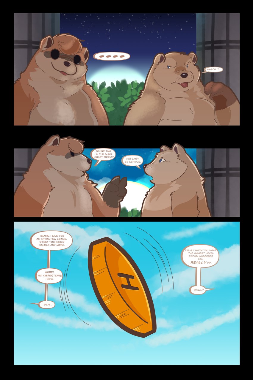 anthro coin_flip detailed_background dialogue duo fur male male/male moon speech_bubble star text pumperbear tera_online koma_(popori) sirius_(sirpori) domestic_ferret mammal mustelid musteline popori true_musteline weasel absurd_res comic english_text hi_res