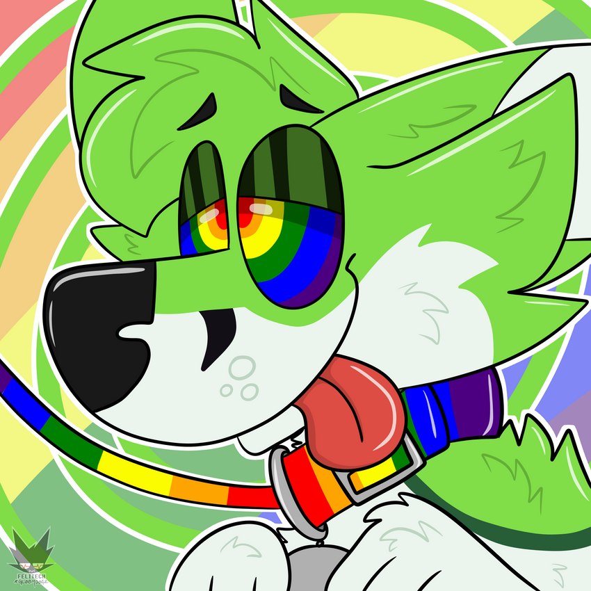 anthro black_nose clothed clothing collar fur green_body green_eyes green_fur hair hypnosis leash leash_pull lgbt_pride male mind_control multicolored_collar multicolored_eyes multicolored_leash pride_colors rainbow rainbow_background rainbow_collar rainbow_leash simple_background six-stripe_rainbow_pride_colors smile solo tongue tongue_out white_body white_fur gloomdogz fidget_the_fox canid canine fox mammal 1:1 digital_media_(artwork) hi_res signature