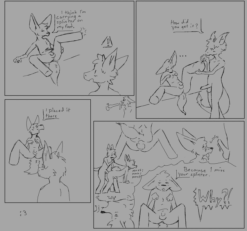 anthro dialogue duo ejaculation fellatio genitals leash male male/male oral penile sex splinters text foxtrot_velvet mythology durg canid canine dragon fennec_fox fox mammal mythological_creature mythological_scalie scalie true_fox absurd_res comic english_text hi_res monochrome