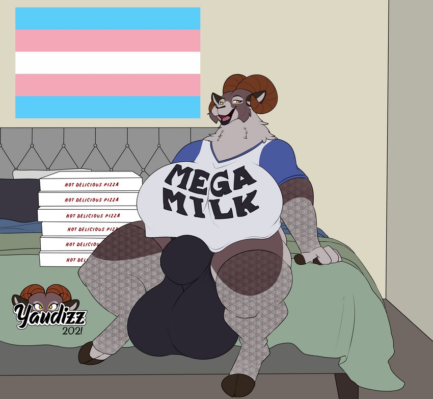 anthro balls balls_outline bed bedroom_eyes big_balls big_breasts box breasts bulge clothed clothing container curvy_figure detailed_bulge flag flag_(object) flag_on_wall fluffy food food_container furniture genital_outline genitals gynomorph horn huge_balls huge_breasts hyper hyper_balls hyper_breasts hyper_genitalia intersex leggings legwear lgbt_pride narrowed_eyes pizza pizza_box pride_color_flag pride_colors print_clothing print_shirt print_t-shirt print_topwear seductive sheath_outline shirt slightly_chubby slightly_chubby_anthro slightly_chubby_gynomorph slightly_chubby_intersex solo stack t-shirt text text_on_clothing text_on_container text_on_shirt text_on_t-shirt text_on_topwear text_print thong topwear transgender_pride_colors underwear voluptuous yaudizz mega_milk tyne_(yaudizz) bovid caprine mammal mouflon sheep wild_sheep absurd_res english_text flat_colors hi_res meme trans_(lore)