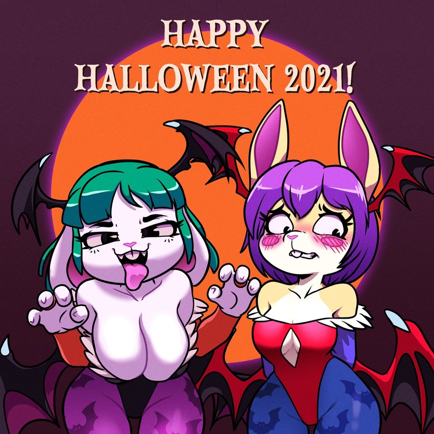 anthro bat_wings bite biting_lip black_clothing black_leotard blush breasts buckteeth cleavage cleavage_cutout clothed clothing cosplay cutout duo fangs female fur gesture glossy_hair green_hair hair hand_gesture hands_behind_back head_wings holiday_message holidays leggings legwear leotard looking_aside looking_at_viewer membrane_(anatomy) membranous_wings moon nervous_smile night orange_moon pink_nose purple_hair red_clothing red_leotard simple_background sleeves teeth text tongue tongue_out unusual_wing_placement wings yellow_body yellow_fur senorkah capcom darkstalkers halloween lilith_aensland maryx_(senorkah) morrigan_aensland roxy_(senorkah) lagomorph leporid mammal rabbit 1:1 2021 english_text hi_res