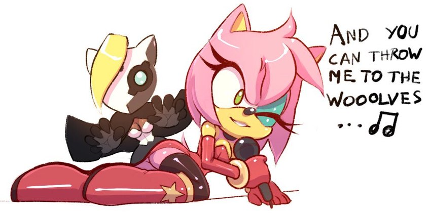 anthro boots breasts cape choker cleavage clothed clothing duo electronics eyeshadow female footwear gloves handwear jewelry legwear leotard lying makeup mask microphone necklace one_eye_closed shoes singing thigh_highs bananagaari idw_publishing sega sonic_the_hedgehog_(comics) sonic_the_hedgehog_(idw) sonic_the_hedgehog_(series) amy_rose whisper_the_wolf canid canine canis eulipotyphlan hedgehog mammal wolf