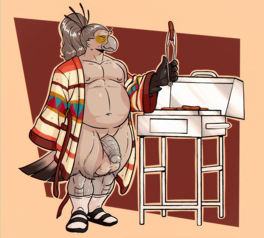 anthro balls barazoku barbecue bathrobe belly big_balls big_penis clothing cooking_tongs elderly elderly_male eyes_closed food footwear genitals grill grilling kitchen_utensils male mature_male meat mostly_nude musclegut muscular overweight overweight_male penis relaxed_expression relaxing robe saggy_balls sandals sausage shoes socks socks_with_sandals solo striped_genitalia striped_penis stripes thick_thighs tongs tools emulsified_bungus siegfried_(nightfaux) sig_(nightfaux) avian bird 2024 hi_res