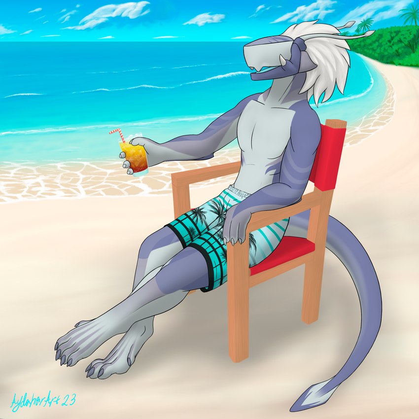 anthro beach blue_body blue_skin bottomwear chair claws clothing forest furniture grey_body hair juice jungle long_tail male plant sea shorts solo tail tree water white_hair aydaharart poldy alien mollusk scalie 1:1 absurd_res hi_res