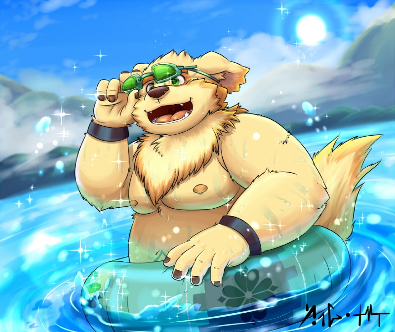 detailed_background eyewear floatie goggles inflatable lake male moobs nipples overweight overweight_male slightly_chubby solo summer swimming aotoaka lifewonders tokyo_afterschool_summoners cu_sith_(tas) canid canine canis domestic_dog mammal