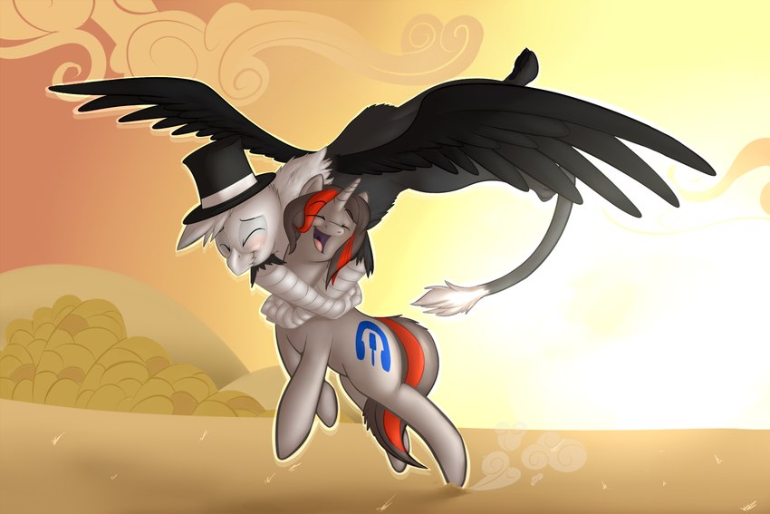 ambiguous_gender beak black_body black_feathers clothing cutie_mark detailed_background duo dust_cloud eyebrows eyes_closed feathered_wings feathers feral flying fur grey_beak grey_body grey_fur grey_horn grey_mane grey_tail happy hat head_tuft headgear headwear hooves horn hug hugging_another hugging_from_behind lifting_another mane multicolored_mane open_mouth open_smile orange_mane orange_tail outside pink_tongue plant romantic romantic_couple shrub smile sunset tail tail_tuft tongue top_hat tree tuft two_tone_mane two_tone_tail unguligrade white_body white_feathers wings hasbro my_little_pony mythology fan_character jackle_app_(character) mic_the_microphone avian equid equine gryphon mammal mythological_avian mythological_creature mythological_equine unicorn 2012 3:2 digital_drawing_(artwork) digital_media_(artwork) shaded soft_shading