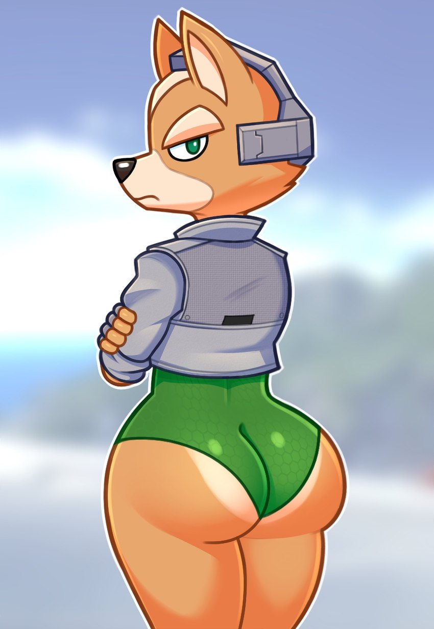 anthro big_butt bubble_butt butt clothing crossed_arms femboy fur green_eyes headgear jacket leotard looking_back male rear_view solo tailless tan_body tan_fur tight_clothing topwear acstlu nintendo star_fox fox_mccloud canid canine fox mammal 2022 absurd_res hi_res