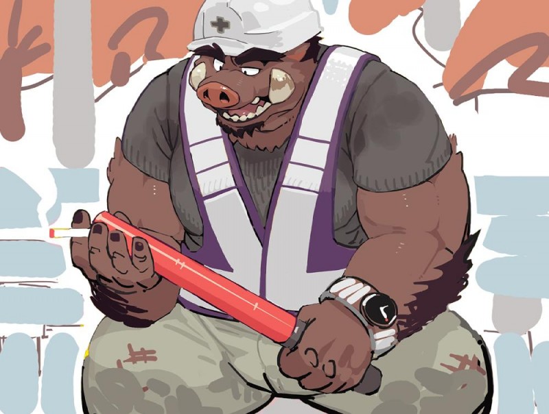 anthro armor barazoku bulge cigarette clock clothed clothing dirty facial_hair fur goatee hard_hat headgear helmet kemono male solo tusks watch motogen mammal suid suina sus_(pig) wild_boar 2014