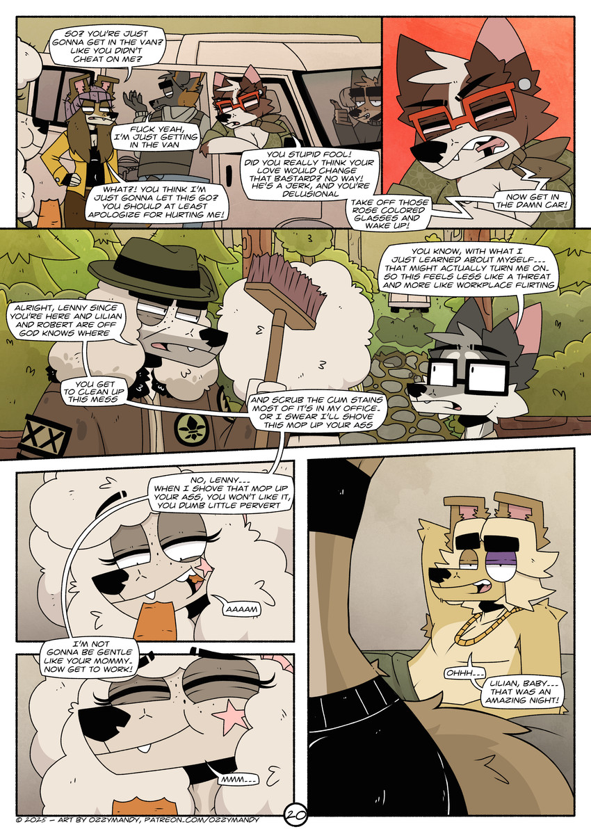 anthro black_nose clothed clothing detailed_background dialogue eyewear female forest forest_background fur glasses group hair male nature nature_background plant profanity simple_background smile tail text tree ozzymandy canid canine canis domestic_dog mammal 2025 absurd_res comic digital_drawing_(artwork) digital_media_(artwork) english_text hi_res