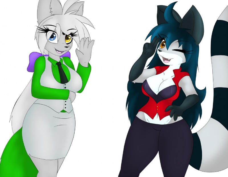 anthro bottomwear breasts cleavage clothed clothing corset duo female gesture hand_on_hip lingerie looking_at_viewer one_eye_closed open_mouth ribbons shynryu simple_background skirt smile thick_thighs topwear waving white_background wink neronova nera_abey canid canine canis mammal procyonid raccoon wolf 2016