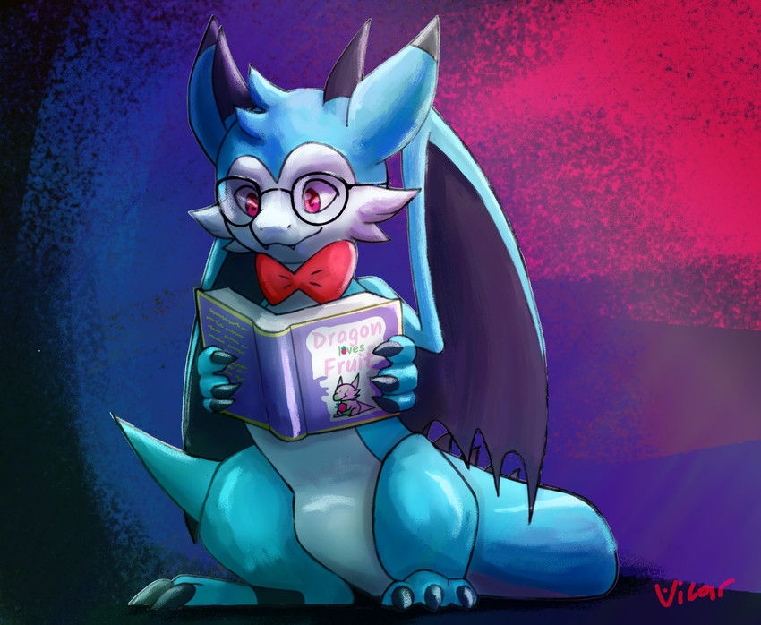 book bow_tie claws eyewear fangs feral glasses horn red_eyes simple_background solo tail teeth wings eggplantkun vicar mythology braix cornflower_dragon dragon mythological_creature mythological_scalie scalie 2020 digital_media_(artwork) digital_painting_(artwork) hi_res