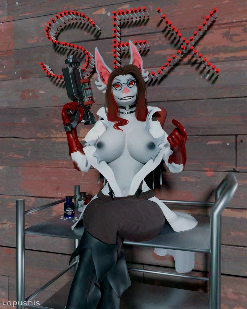 anthro big_breasts blood blood_on_hand bodily_fluids boots breasts choker clothed clothing drugs eyewear female footwear gesture glasses hair high_boots jewelry looking_at_viewer medic medical_gloves medical_play medicine necklace pills shoes sitting smile smiling_at_viewer solo syringe syringe_gun trolley lapushis team_fortress_2 valve medic_(team_fortress_2) bat mammal 3d_(artwork) adversarial_noise digital_media_(artwork) hi_res