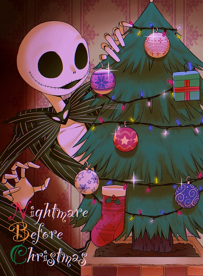 bone christmas_decorations christmas_ornament christmas_tree clothed clothing holidays male not_furry plant skeleton text tree enaic31 christmas the_nightmare_before_christmas jack_skellington animated_skeleton humanoid undead absurd_res copyright_name hi_res