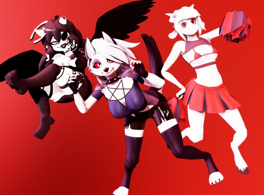 anthro big_breasts bow_tie breasts cheerleader_outfit clothed clothing collar female fur group hair halo horn looking_at_viewer piercing red_eyes red_sclera revamped_anthros smile trio white_body white_fur white_hair malicekira bendy_and_the_ink_machine dreams_come_true helltaker helluva_boss mythology alice_angel goat_lucifer_(helltaker) loona_(aeridiccore) loona_(helluva_boss) susie_campbell angel angel_humanoid bovid canid canid_demon canine caprine demon demon_humanoid goat hellhound humanoid mammal mythological_canine mythological_creature 3d_(artwork) digital_media_(artwork) hi_res mikumikudance_(artwork)