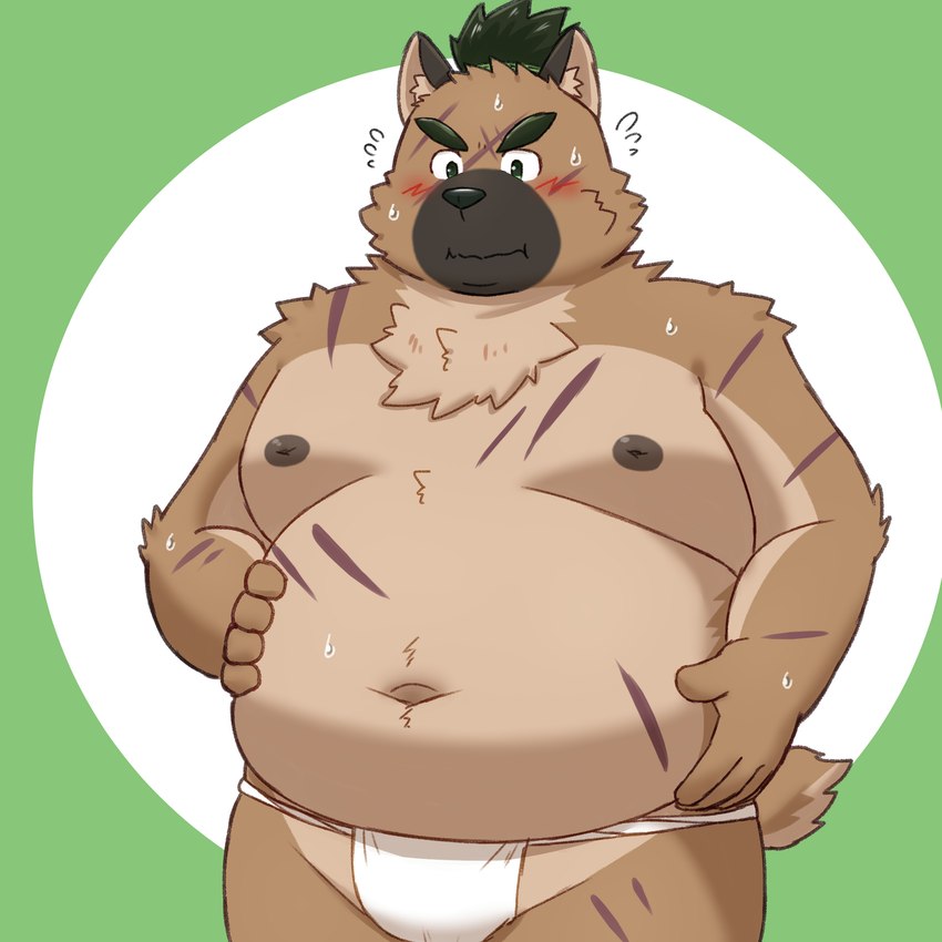 anthro asian_clothing belly big_belly black_nose blush bodily_fluids clothing east_asian_clothing fundoshi japanese_clothing kemono male moobs navel nipples overweight overweight_male scar simple_background solo sweat underwear white_clothing white_fundoshi white_underwear yaki_atsuage lifewonders tokyo_afterschool_summoners yasuyori_(tas) canid canine canis domestic_dog mammal 1:1 2023 hi_res