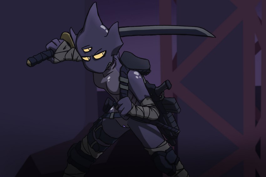 bandage belt detailed_background exhibitionism female genitals gills glowing glowing_genitalia glowing_pussy gun knee_pads looking_away melee_weapon multi_eye nude pouch_(clothing) pussy ranged_weapon rifle rifle_sling solo sword sword_sheath weapon sevens_artchive starbound miu_(nekuzx) hylotl 3:2