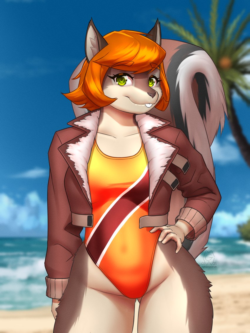 5_fingers alternate_species anthro anthrofied beach blurred_background breasts brown_body brown_fur brown_tail clothed clothed_anthro clothed_female clothing cloud countershade_torso countershading day female fingers fur furrification green_eyes hair hand_on_hip inner_ear_fluff jacket looking_at_viewer one-piece_swimsuit open_clothing open_jacket open_topwear orange_hair outside sand sea sky solo standing swimwear tail teeth topwear tuft water mykegreywolf marvel squirrel_girl_(marvel) mammal rodent sciurid tree_squirrel 2025 absurd_res digital_media_(artwork) hi_res