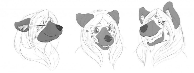 ambiguous_form bared_teeth clenched_teeth ears_back expressions eyes_closed female grin inner_ear_fluff pivoted_ears smile snout solo spots teeth tuft wide_eyed conditional_dnp sefeiren fys hyena mammal spotted_hyena expression_sheet headshot_portrait monochrome portrait sketch